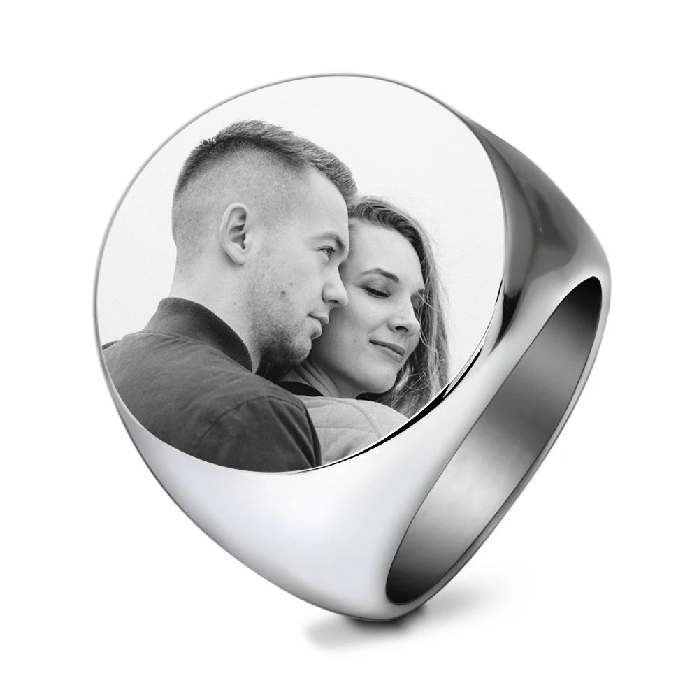 Customized Signet Ring Engrave Name Logo Photo Stainless Steel Mens Personalized Wedding Gifts