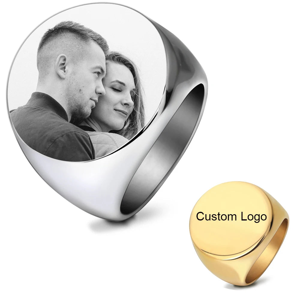 Customized Signet Ring Engrave Name Logo Photo Stainless Steel Mens Personalized Wedding Gifts