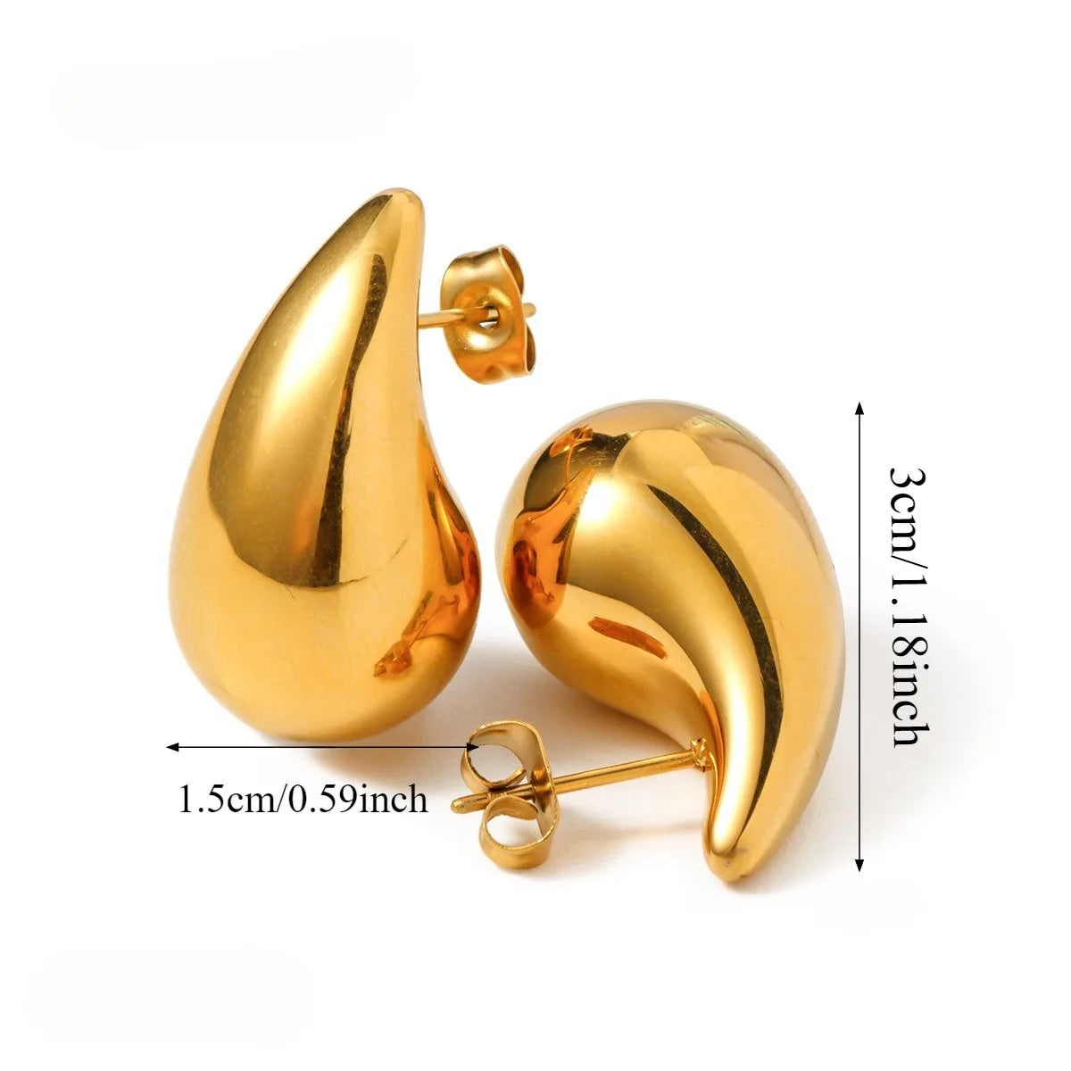 These are  golden, chunky water drop dome stud earrings for women. They're  metal, glossy, thick teardrop-shaped, and designed to be stylish and sexy. Perfect for adding a touch of glamour to your look!