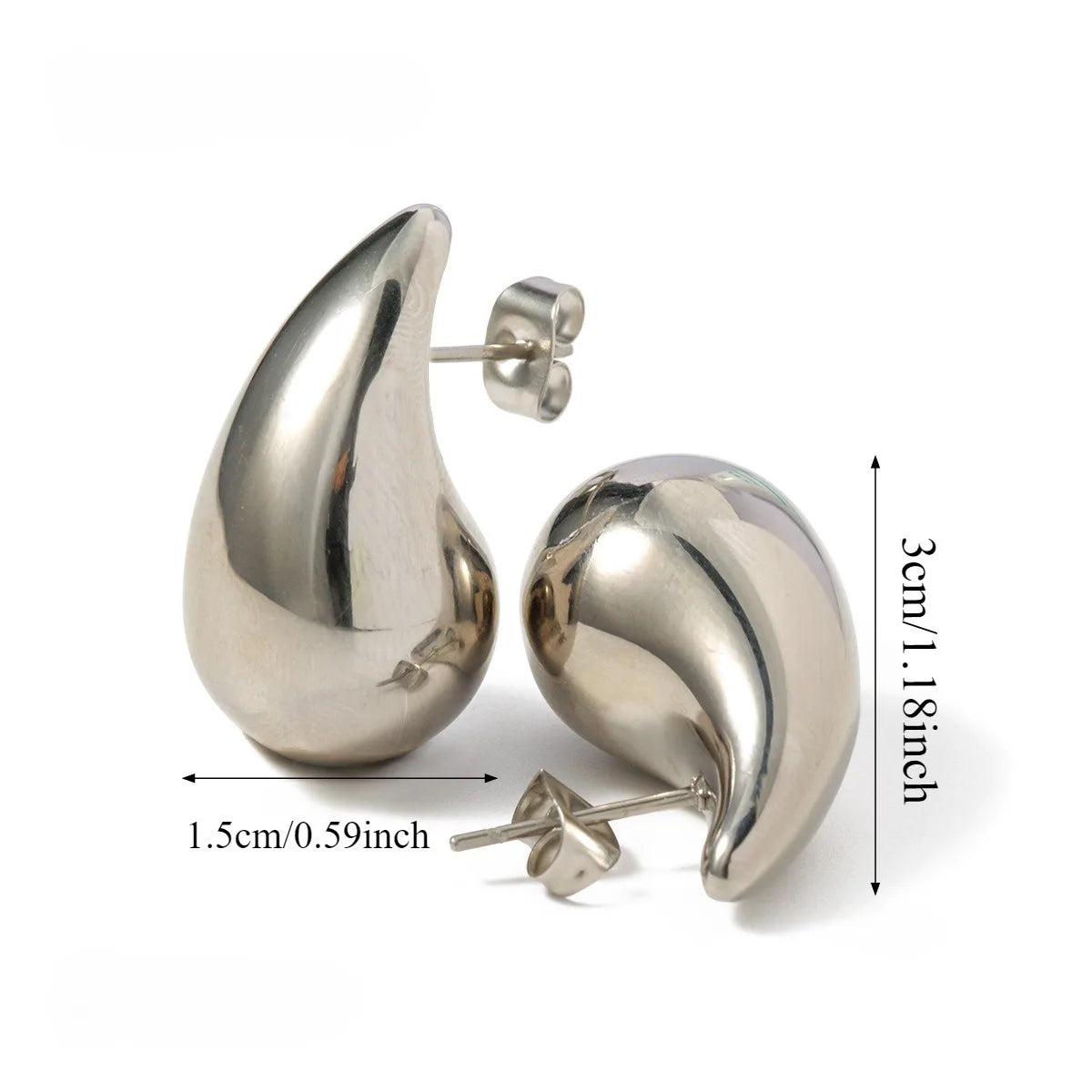 These are  golden, chunky water drop dome stud earrings for women. They're  metal, glossy, thick teardrop-shaped, and designed to be stylish and sexy. Perfect for adding a touch of glamour to your look!