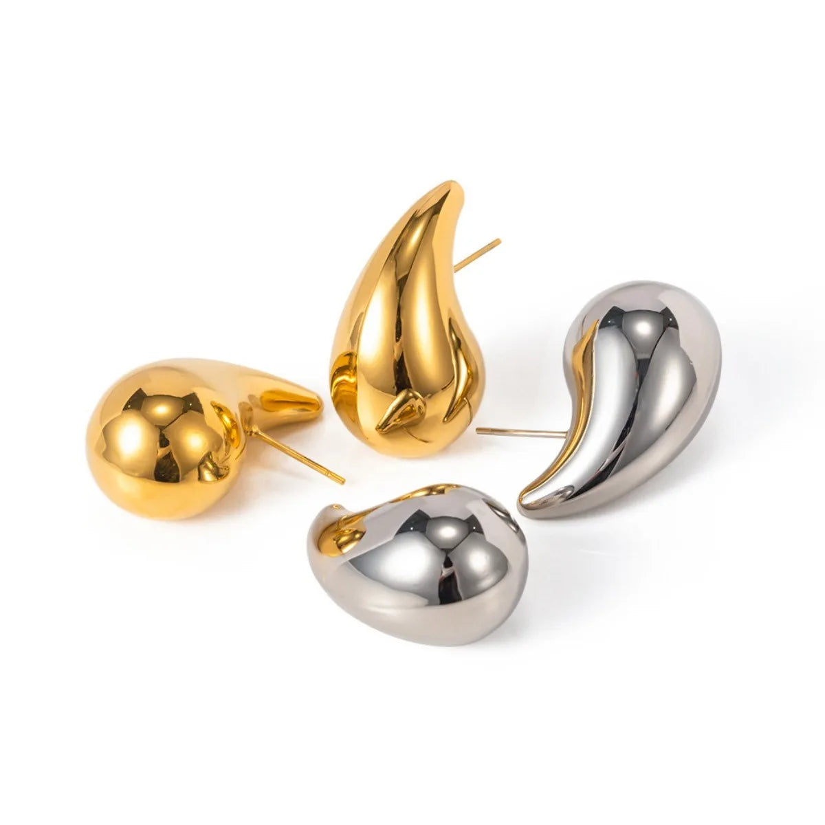 These are  golden, chunky water drop dome stud earrings for women. They're  metal, glossy, thick teardrop-shaped, and designed to be stylish and sexy. Perfect for adding a touch of glamour to your look!