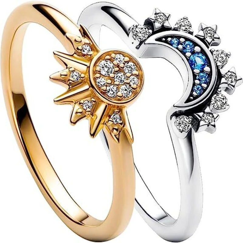 2pc/set Summer Couple Ring Set Sky Moon&Sun Stackable Engagement Jewelry