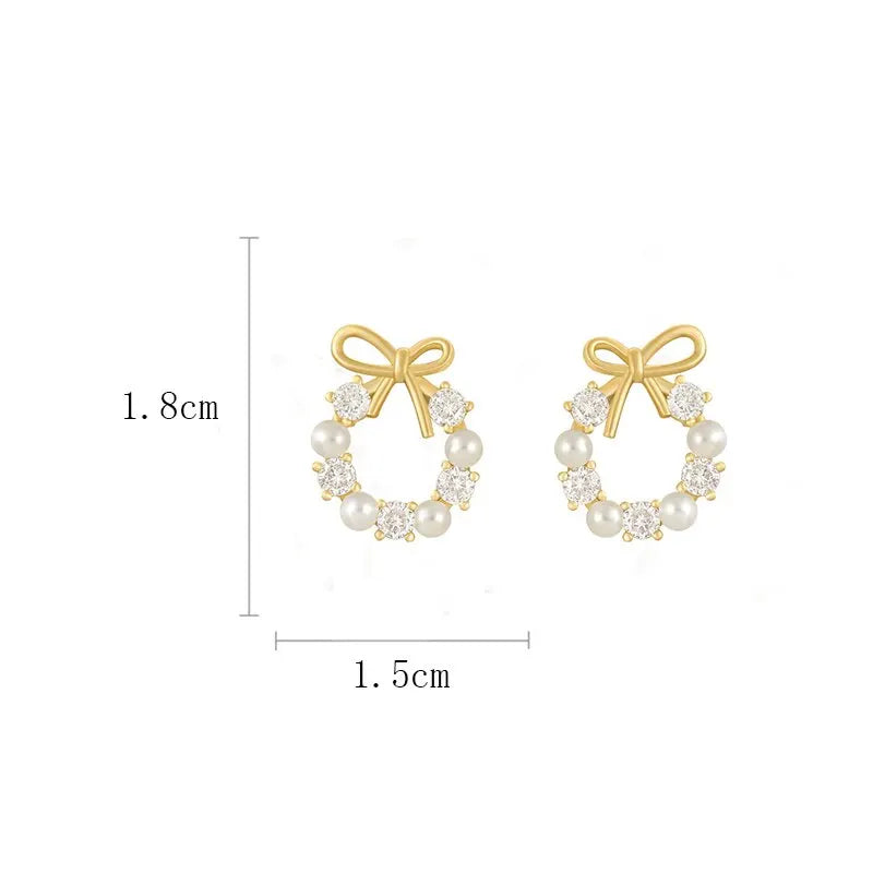 Minimalist Round Bow Knot Earrings for Women: Elegant, fashionable stud earrings featuring rhinestones and imitation pearls, perfect for parties and weddings.